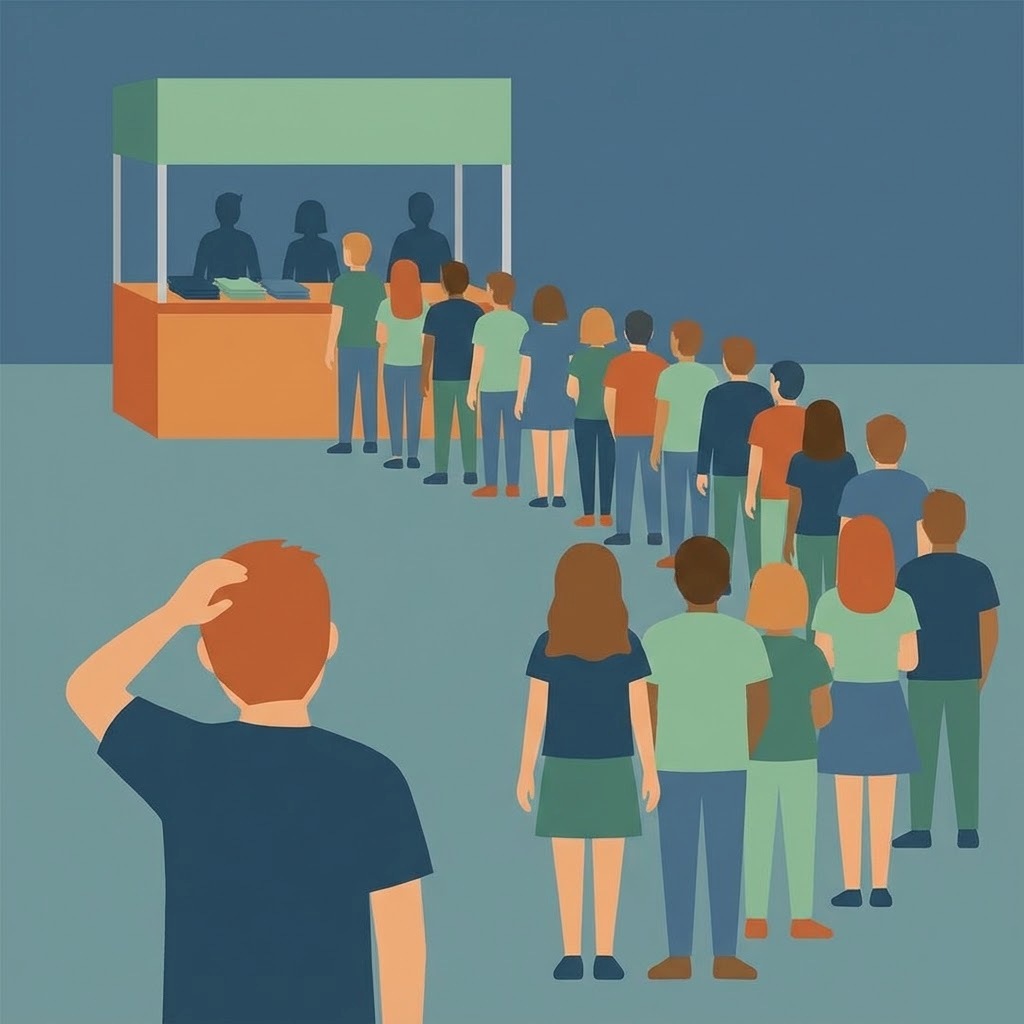 長い待機列ができているイラスト